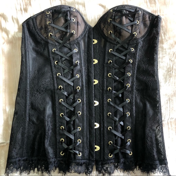 Adore Me Other - Adore Me Black Lace, Tie back Corset size medium front gold closures strapless